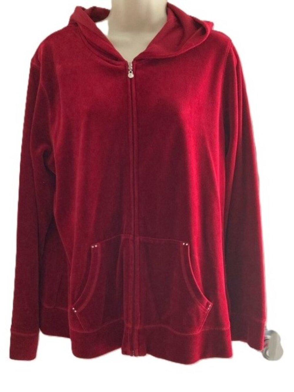 STYLE & CO SPORT STYLE & CO SPORT Deep Red Velour Rhinestone Zip Up Hoodie Long